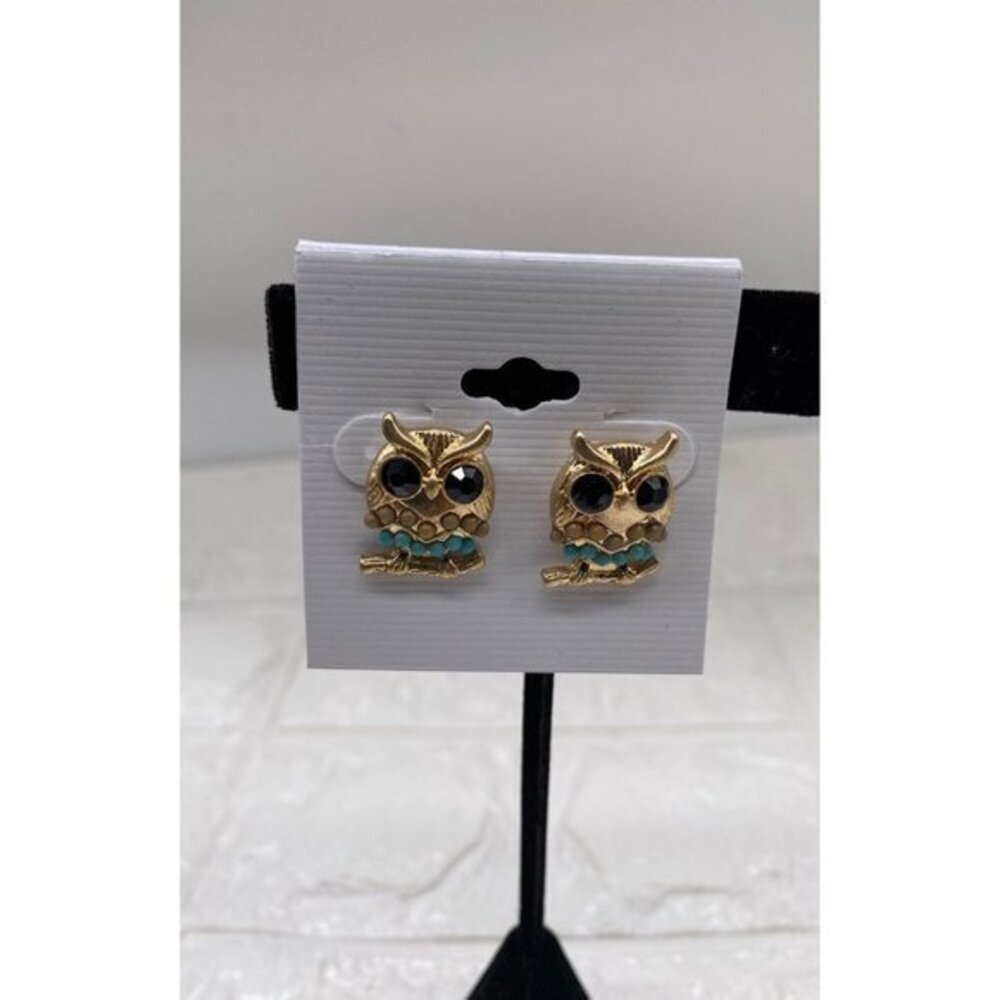 Gold Tone Fashion‎ Jewelry Owl Post Earrings Black Rhinestone Eyes